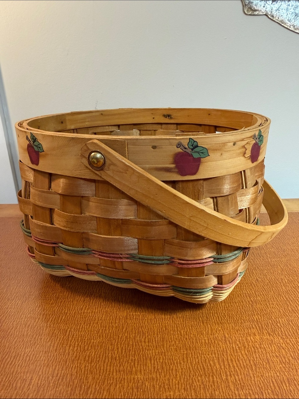 Handwoven Wooden Apple Accent Basket in Natural and Red